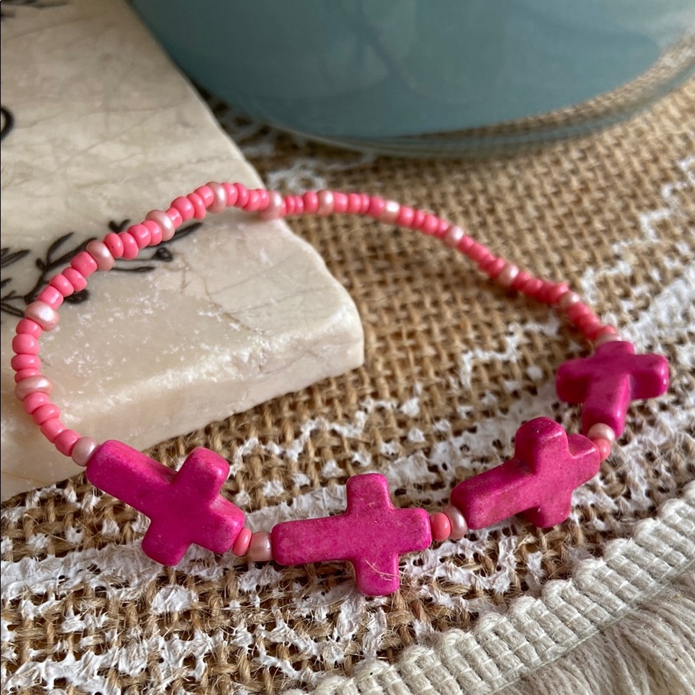 Pink Beaded Cross Bracelet